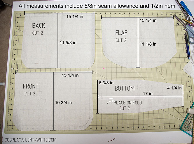 Four sewing pattern pieces for a bag with measurements